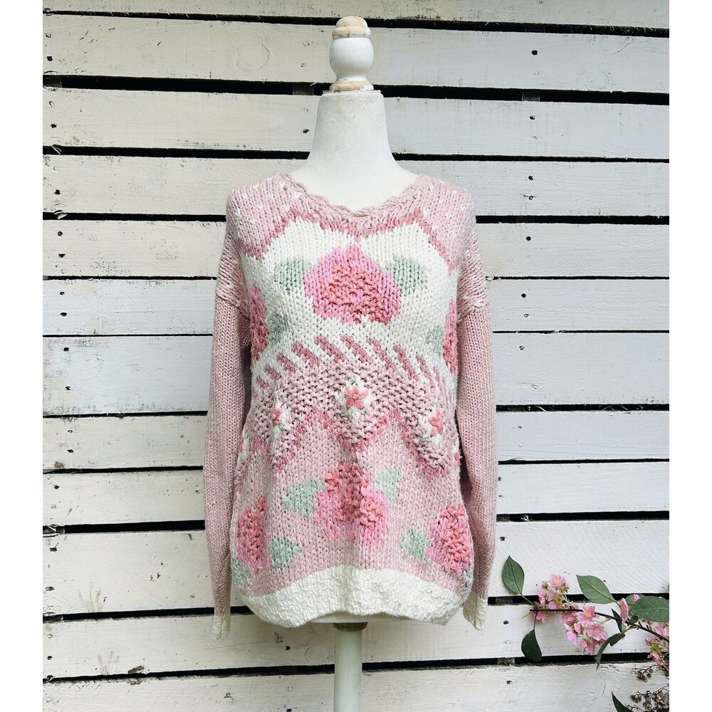 Vintage 90s Sweater Cottagecore Needles & Yarn Ramie Pink M Knit Bobble Flowers
